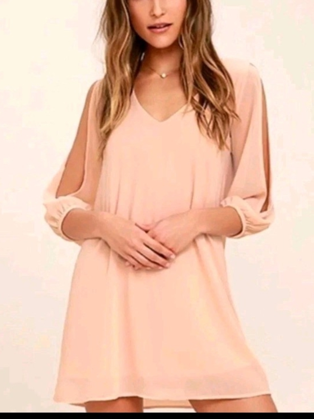 Lulus Shifting Dears Blush Pink V-Neck Split-Sleeve Coquette Shift Dress